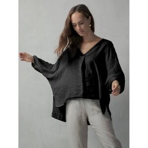 Luxmii Relaxed Pallocino Top Black Linen Oversized V-Neck Batwing Sleeve S/M